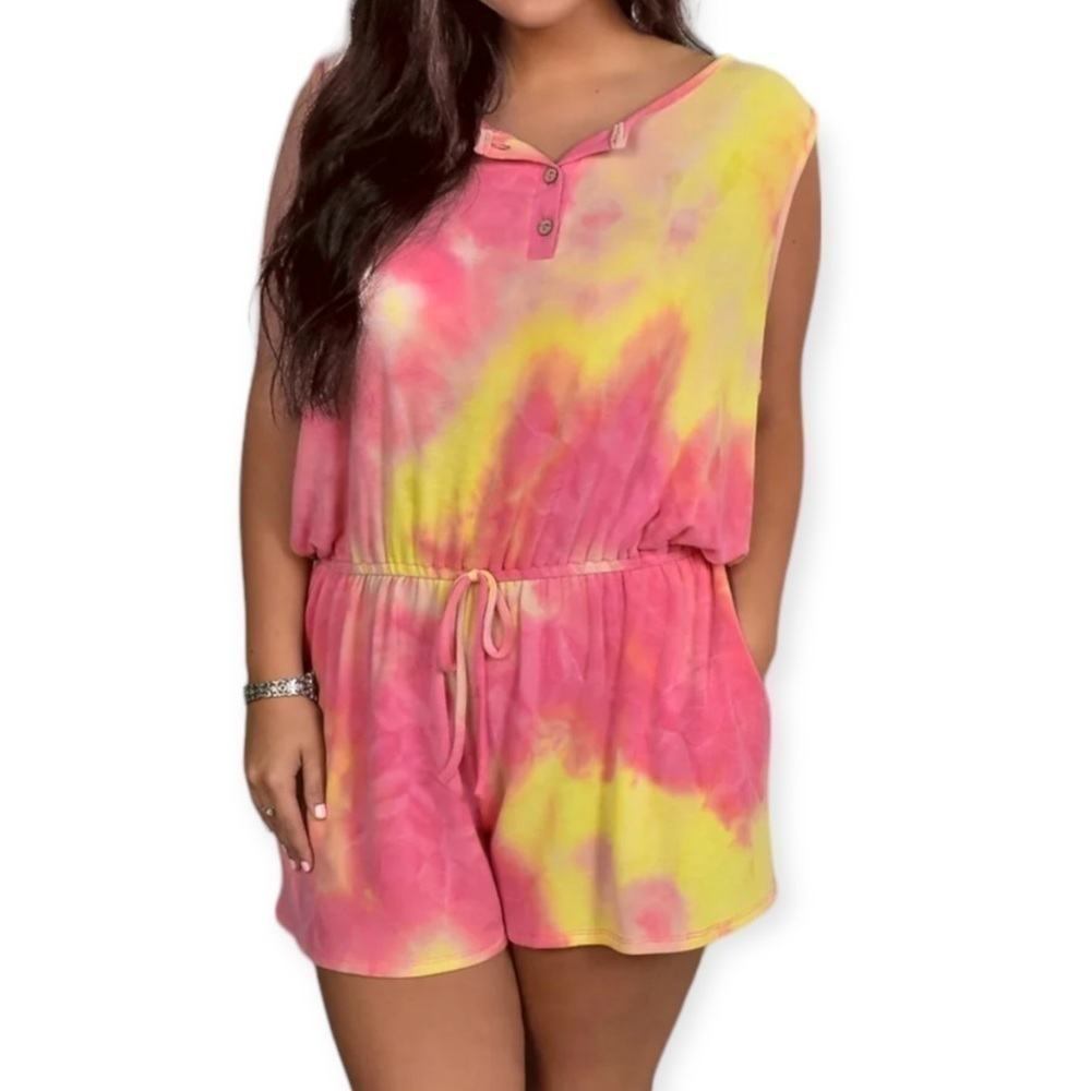 Lovely j Pink Yellow Tie Dye Romper Elastic Waist Soft Feel Easy wear Size Med  
